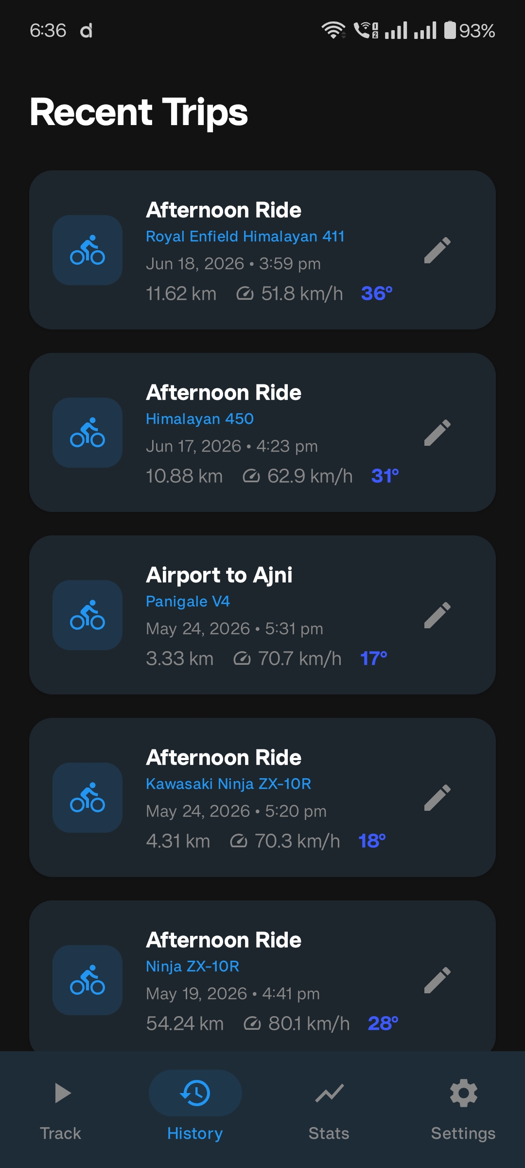 Pacerift recent rides screen